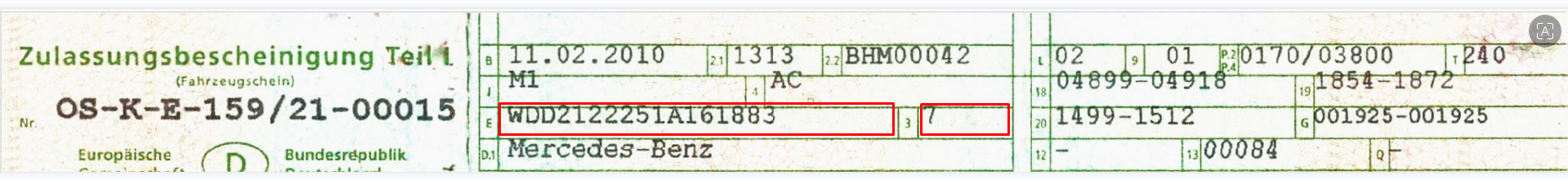 Zulassungsbescheinigung mit hervorgehobenem Feld E (VIN)